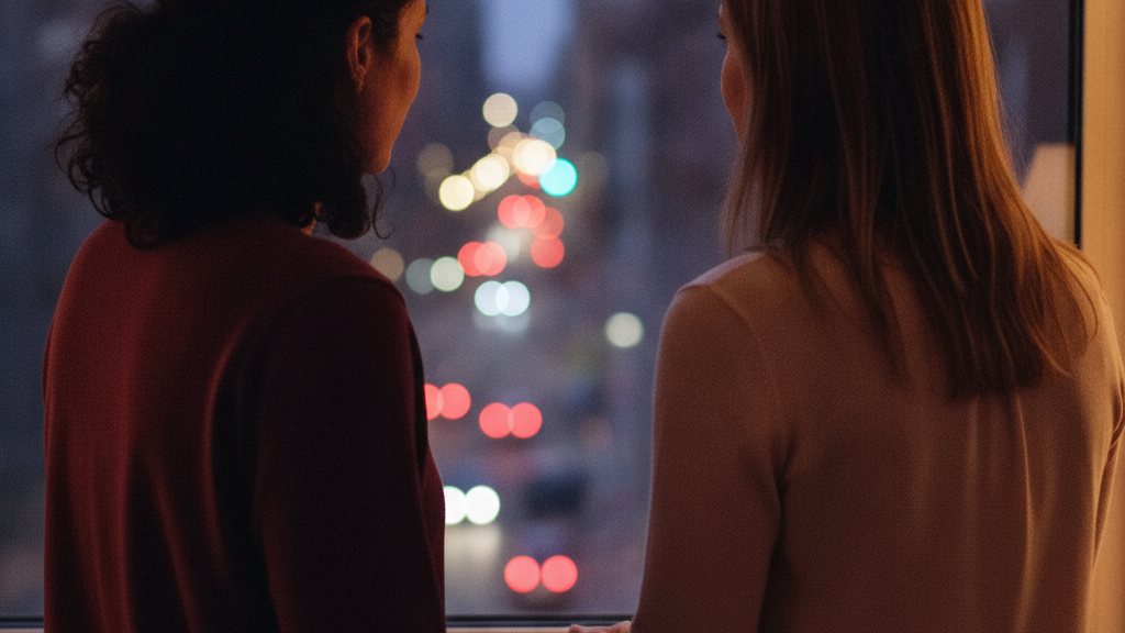Un couple, le soir, à la fenêtre