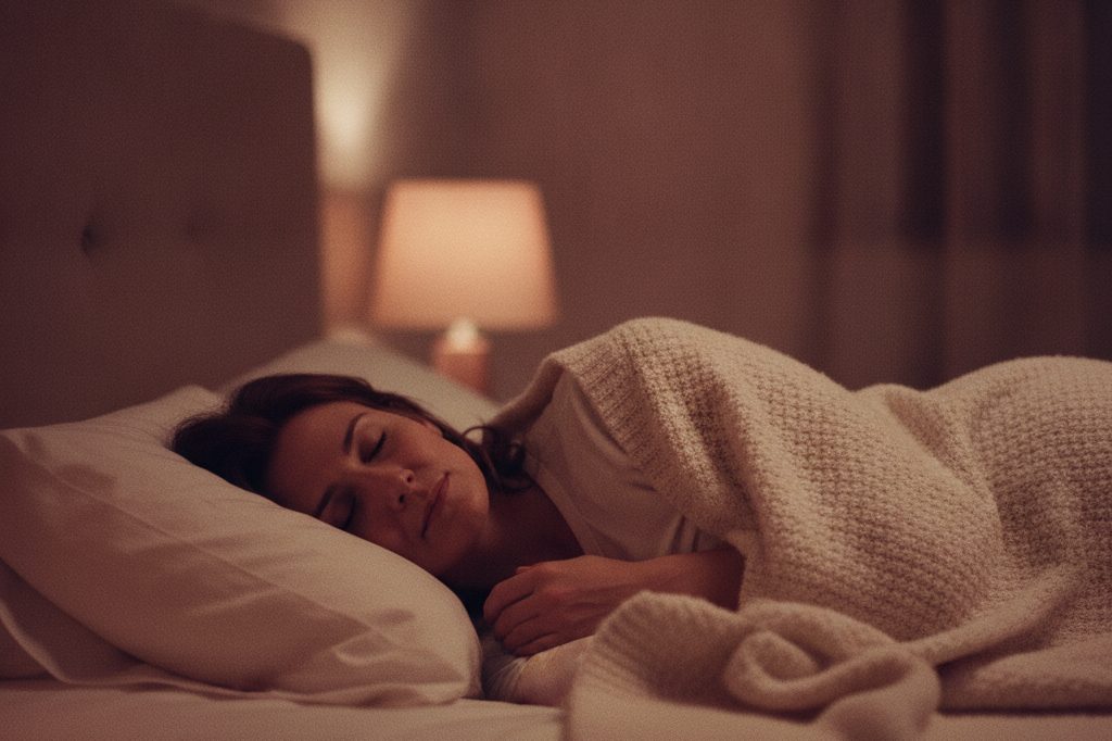 Une femme endormie, le soir, dans une lumière chaude.