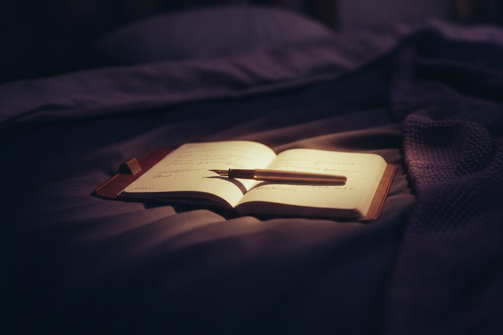 Un carnet ouvert sur un lit, éclairé par une lampe de chevet